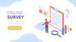 © Rudzhan - Isometric survey concept. Man with pencil stands near large document and puts ticks and crosses, answers questions. User feedback and opinion, audience marketing research. Cartoon vector illustration