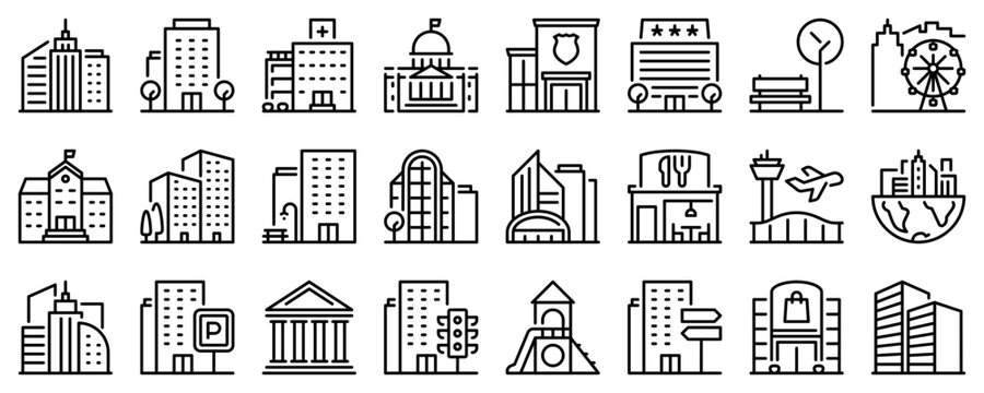 line icons about the city on transparent background with editable stroke.
