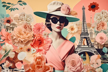 Beautiful Fashion Woman With Sunflowers And Flowers. Spring In Paris. Generative AI