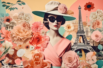 Beautiful fashion woman with sunflowers and flowers. Spring in Paris. Generative AI