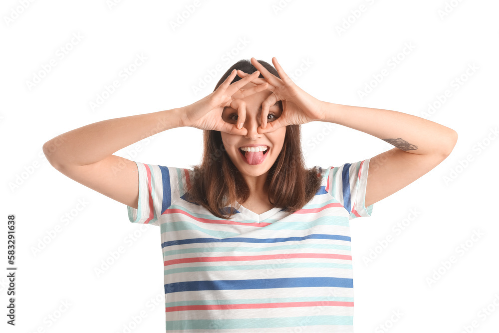 Funny young woman gesturing on white background
