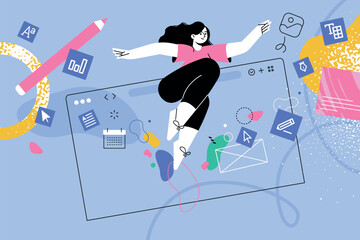 Vector illustration of creativity, design, graphic design app. Creative concept for web banner, social media banner, business presentation, marketing material.