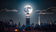 a full moon rising over the Empire State Building in New York City, with the iconic skyscraper standing tall in the background, illustration - Generative AI