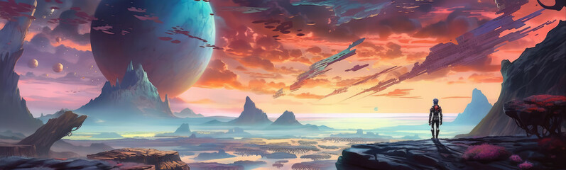 a wide header sized fantasy landscape with bright colors. generative ai.