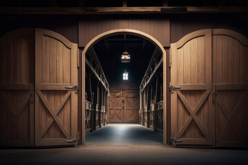 horse stable,stall for horses in wooden house Generative AI