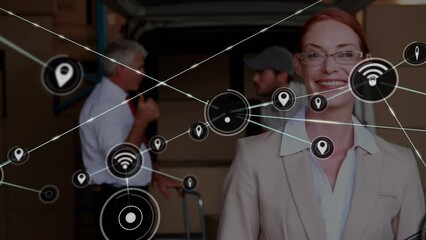 Sticker - Animation of network of connections with icons over diverse business people working in warehouse