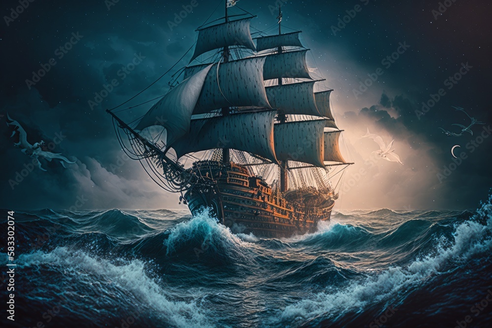 Vintage Pirate Adventure on a Tall Sailing Ship: Ethereal Illustration ...