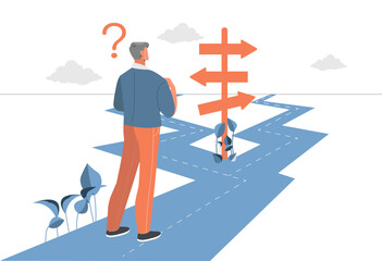 Man choose path. Young guy makes decision, travel and adventure. Life path and career, uncertainty. Opportunity or fail, option to achievement. Cartoon flat vector illustration
