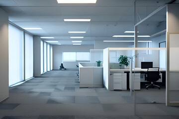 modern office interior room with bright lights and furniture. generative ai, generative, ai