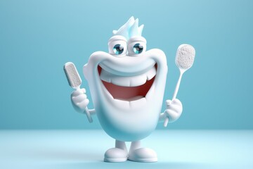 Sticker - Happy white tooth with a brush on a medical background. AI generated, human enhanced.