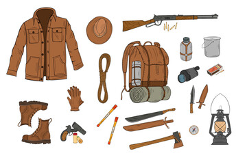 Survival kit vector illustration, Traveler set on white background isolated