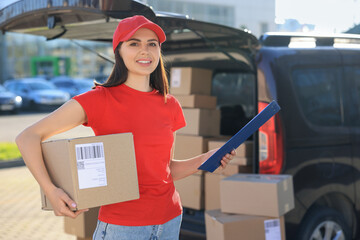 Canvas Print - Courier with parcel and clipboard near delivery van outdoors