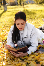 Woman Reading Book In Park On Autumn Day