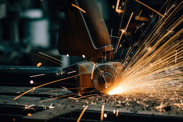 Wall Mural - A close-up of sparks flying from welding equipment in a factory workshop, generative ai