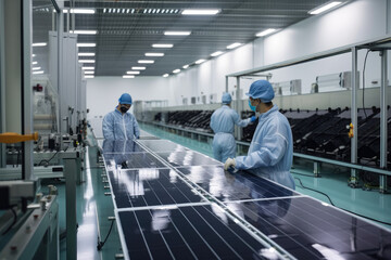 Wall Mural - A production facility for renewable energy sources with workers wearing safety gear assembling solar panels and wind turbines, generative ai