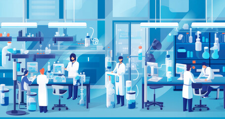 Wall Mural - biotechnology laboratory with scientists in lab coats conducting experiments, working with dna sampl