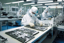 Electronics Manufacturing Facility With Workers Assembling Circuit Boards, Soldering Components, And Inspecting The Finished Products, Generative Ai