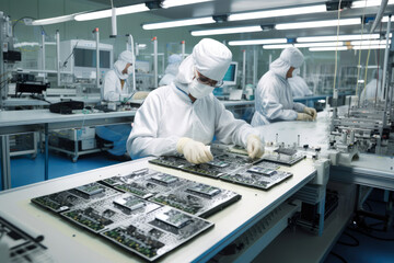 Electronics manufacturing facility with workers assembling circuit boards, soldering components, and inspecting the finished products, generative ai