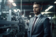 © aicandy - Focused businessman in a suit observing the production line, with complex machinery operating in the background of a modern factory, generative ai