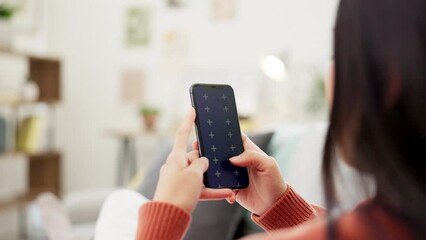 Chromakey, phone and woman scrolling for app searching the internet and web or on social media in a home. House, relax and hands of a person online shopping on a website using cellphone or smartphone