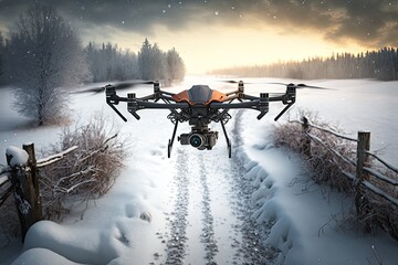 Drone with a camera in a snowy winter rural environment Generative AI