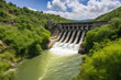 Huge hydroelectric dam with flowing water, surrounded by a lush green landscape