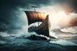 Realistic Illustration of a Viking Longboat Sailing Through a Stormy Seascape - A Dramatic Depiction of Nature's Fury and the Ship's Strength, Generative AI