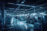 Fototapeta  - Night scene of a brightly lit, high-tech factory with state-of-the-art robotics and machinery producing electronic components, generative ai