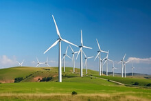 Sustainable Wind Farm On A Green Hill With Modern Wind Turbines Generating Clean Energy Against A Blue Sky, Generative Ai