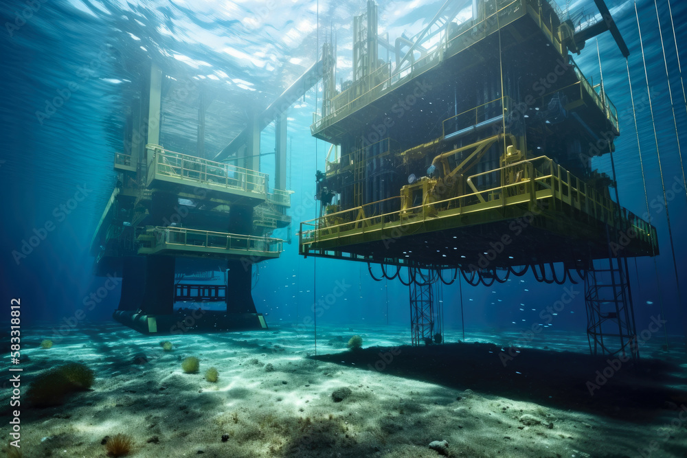 Underwater scene of an oil and gas subsea production system, complete ...