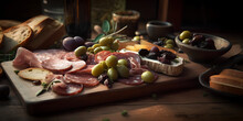 Food Platter Serving Board, Slices Of Charcuterie, Olives, And Crusty Bread On Rustic Farm Table In French Countryside. Meats Include Prosciutto, Salami, And Chorizo, The Olives Are Green And Black.