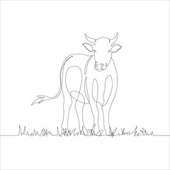 Wall Mural - Cow with grass in continuous line art drawing style. Continuous line drawing of cattle with grass. Cow in abstract and minimalist linear icon. Vector illustration