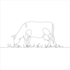 Wall Mural - Cow with grass in continuous line art drawing style. Continuous line drawing of cattle with grass. Cow in abstract and minimalist linear icon. Vector illustration