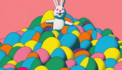 Wall Mural - Easter bunny and easter eggs, rabbit smiling, colorful eggs stacked, happy joyful celebrating holiday, vibrant colors, generative ai 