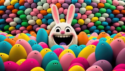 Wall Mural - Easter bunny and easter eggs, rabbit smiling, colorful eggs stacked, happy joyful celebrating holiday, vibrant colors, generative ai 