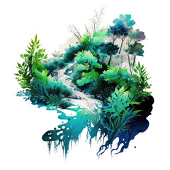 Wall Mural - Blue river and plant painting, AI generated.