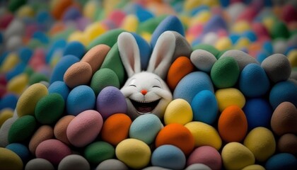 Wall Mural - Easter bunny and easter eggs, rabbit smiling, colorful eggs stacked, happy joyful celebrating holiday, vibrant colors, generative ai 