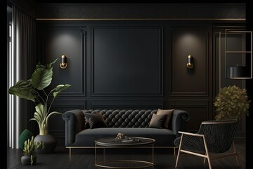 Wall Mural - Luxury living room interior with dark hardwood floors and black walls. Dark furniture. Green plants. Copyspace in the middle. Generative AI