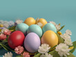 Color Easter eggs with flowers, copy space, card Generative ai