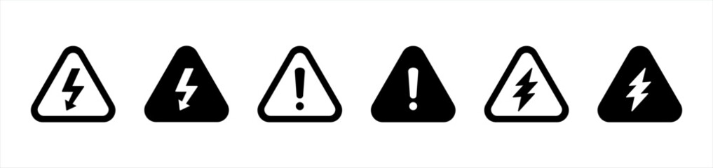 Danger, warning icons. high voltage symbol, lightning, exclamation, caution, warning, risk, attention, alert, mark danger signs, vector illustration
