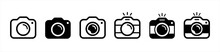 Camera Icon Set. Photo Camera In Flat Style Symbol. Photography Camera Line Art Signs, Vector Illustration