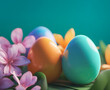 Easter eggs, Spring flowers, copy space, Generative ai