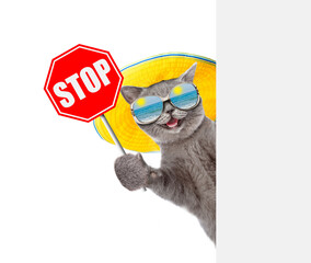 Poster - Happy cat wearing mirrored sunglasses and  summer hat looks from behind empty board and showing stop sign. isolated on white background