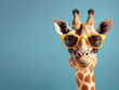 Creative animal composition. Giraffe wearing shades sunglass eyeglass isolated. Pastel gradient background. With text copy space.	
