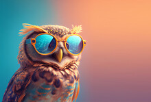 Creative Animal Composition. Owl Bird Wearing Shades Sunglass Eyeglass Isolated. Pastel Gradient Background. With Text Copy Space.	
