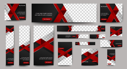 Red and Black Web banners templates, standard sizes with space for photo, modern design. vector