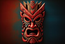 Flamboyant Tiki Mask With A Wooden Frame, Set On A Red Backdrop Generative AI