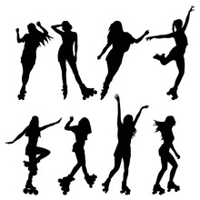 Girl Roller Skates Silhouettes Set Stencil Templates For Design Laser Cut Stickers