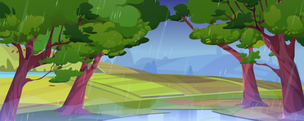 Wall Mural - Summer rainy landscape with farm fields, forest and river. Rural fall scene, countryside with trees with green foliage, fields, puddle and road, vector cartoon illustration