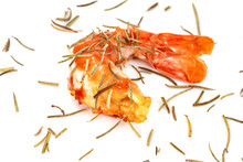 Roasted Peeled Prawn With Dry Rosemary Isolated On White Background ,grilled Shrimp